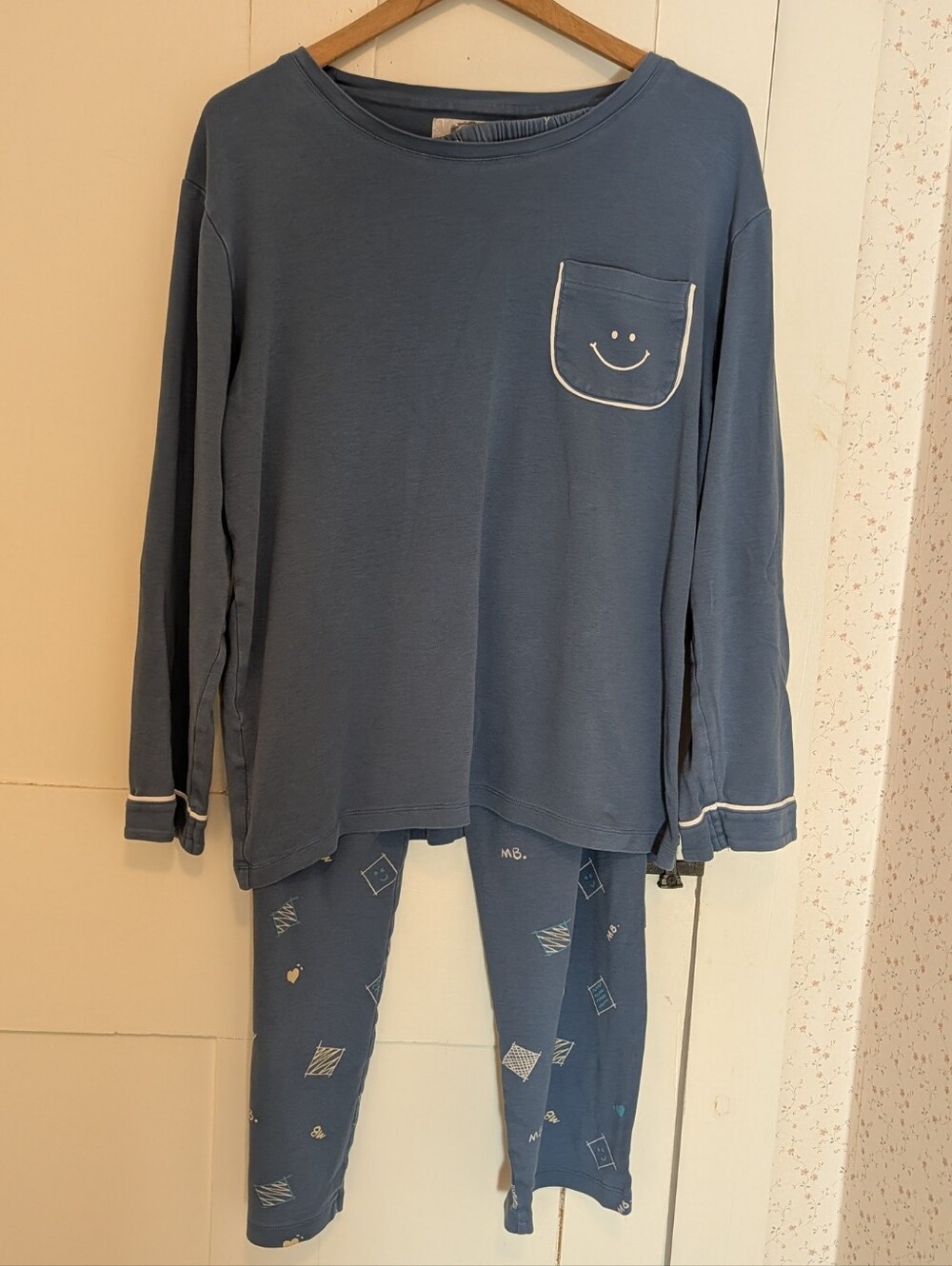 Blue Long Sleeve Pajama Set Smiley Pocket XXL